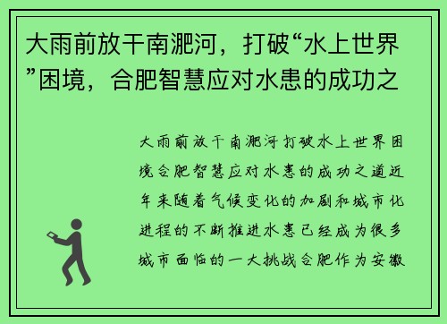 大雨前放干南淝河，打破“水上世界”困境，合肥智慧应对水患的成功之道