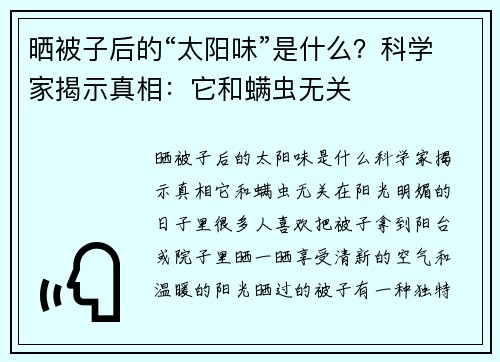 晒被子后的“太阳味”是什么？科学家揭示真相：它和螨虫无关