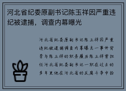 河北省纪委原副书记陈玉祥因严重违纪被逮捕，调查内幕曝光