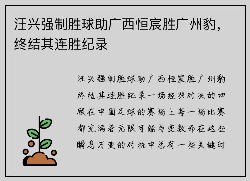 汪兴强制胜球助广西恒宸胜广州豹，终结其连胜纪录