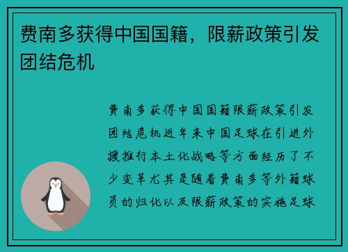 费南多获得中国国籍，限薪政策引发团结危机